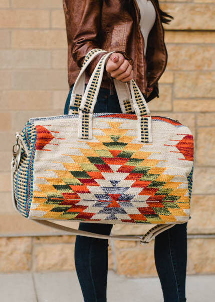 Tan and Multicolored Aztec Duffel